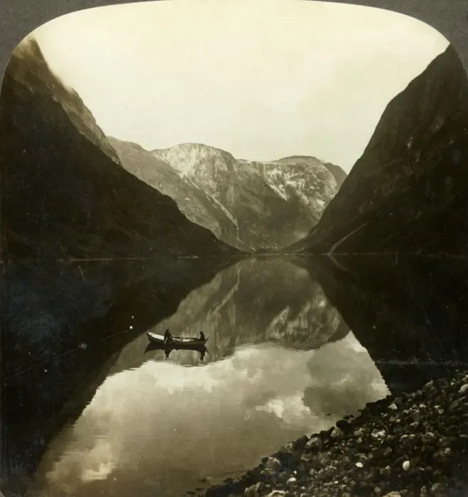 Framed Print : Looking down the deep, still Naerofjord, from near Gudvangen, Norway, c1905. Creator: Unknown Framed Print : Looking down the deep, still Naerofjord, from near Gudvangen, Norway, c1905. Creator: Unknown