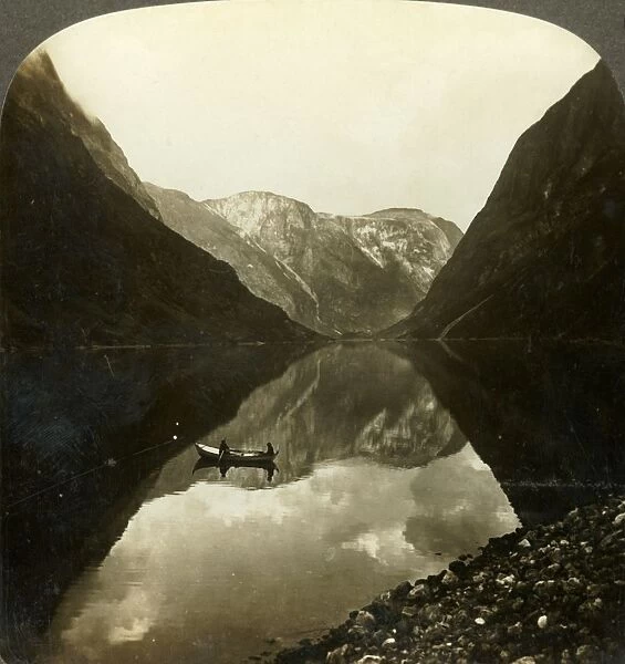 Looking down the deep, still Naerofjord, from near Gudvangen, Norway, c1905. Creator: Unknown