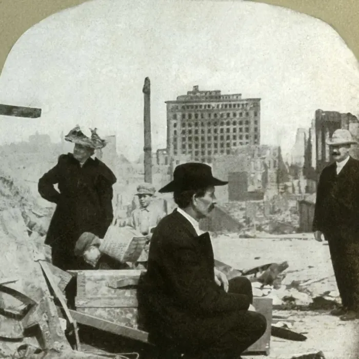 Framed Print : Looking east from corner Pine and Stockton, showing the ruins of the Mills Building, 1906 Framed Print : Looking east from corner Pine and Stockton, showing the ruins of the Mills Building, 1906