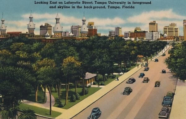 Looking East on Lafayette Street, Tampa University and skyline, Tampa, Florida, c1940s