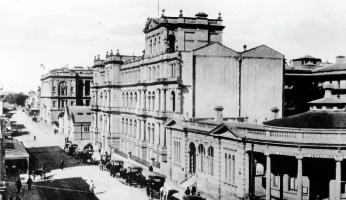 Framed Print : Looking along George Street from the corner of Queen Street, Brisbane, c1898. Creator: Unknown Framed Print : Looking along George Street from the corner of Queen Street, Brisbane, c1898. Creator: Unknown