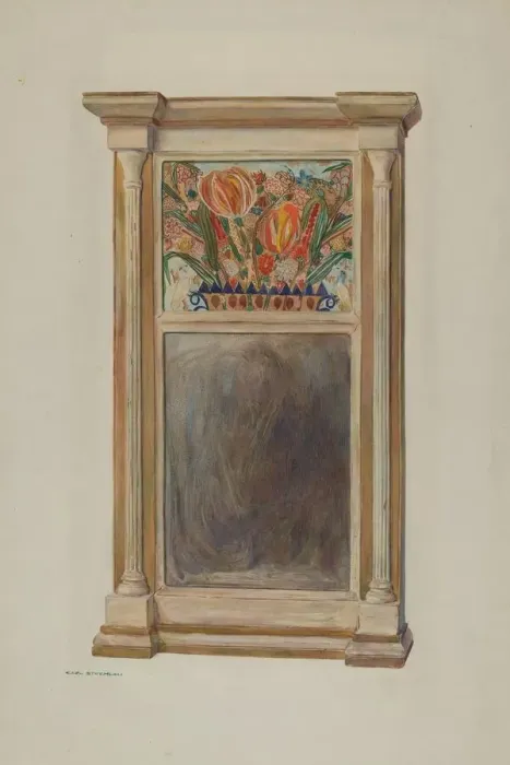 Framed Print : Looking Glass with Decorated Glass Panel, c. 1939. Creator: Carl Strehlau Framed Print : Looking Glass with Decorated Glass Panel, c. 1939. Creator: Carl Strehlau