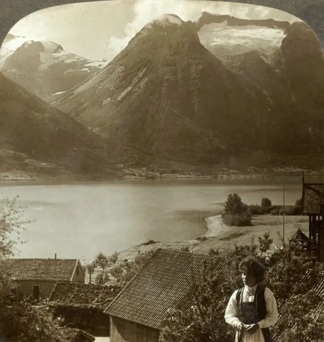 Framed Print : Looking from Hjelle across quiet Strynns Lake to steep glaciers of Mt. Skaala, Norway, c1905 Framed Print : Looking from Hjelle across quiet Strynns Lake to steep glaciers of Mt. Skaala, Norway, c1905