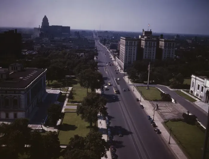 Framed Print : Looking north on Woodward Ave. from the Maccabee[s] Building... Detroit, Mich. 1942. Creator: Arthurs Siegel