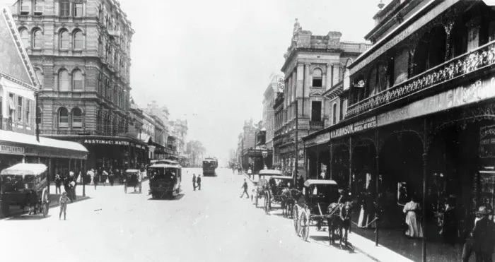 Framed Print : Looking down Queen Street past Edward Street towards The Bight, 1900. Creator: Unknown. Looking down Queen Street past Edward Street towards The Bight, 1900 Framed Print : Looking down Queen Street past Edward Street towards The Bight, 1900. Creator: Unknown. Looking down Queen Street past Edward Street towards The Bight, 1900