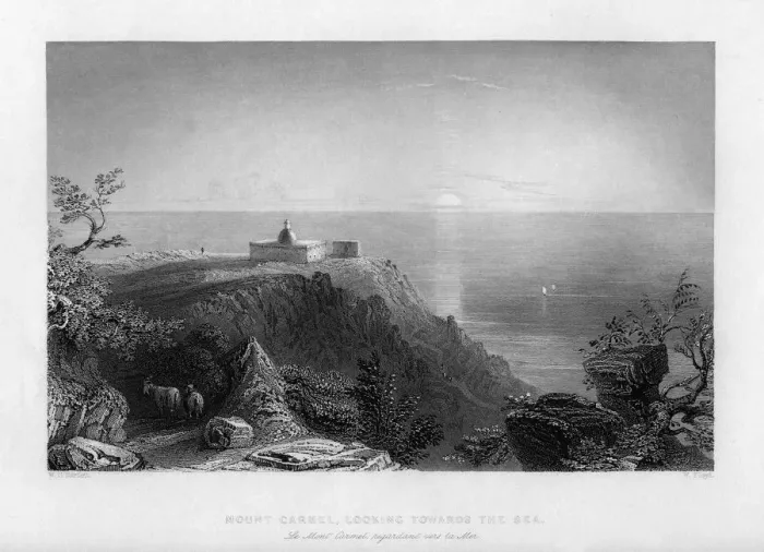 Framed Print : Looking out to sea from Mount Carmel, Israel, 1841. Artist: W Floyd Framed Print : Looking out to sea from Mount Carmel, Israel, 1841. Artist: W Floyd