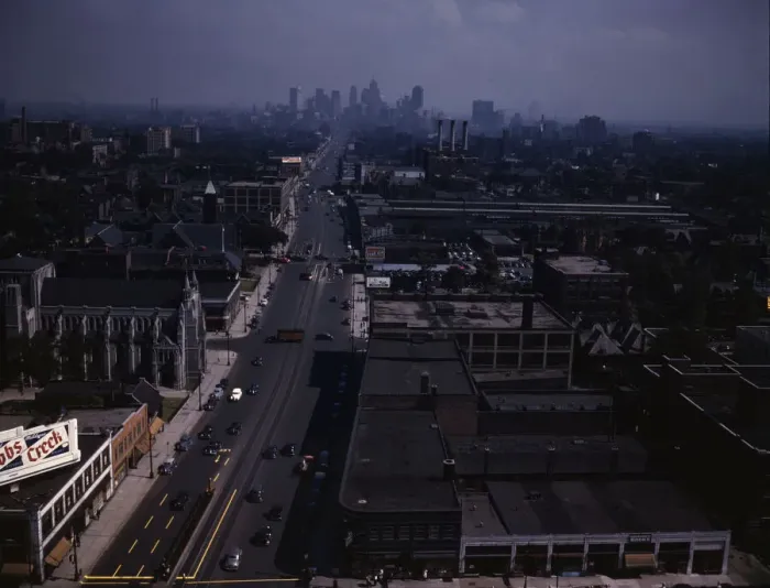Framed Print : Looking south from the Maccabees Building with the Detroit skyline in distance, Detroit, Mich. 1942 Creator: Arthurs Siegel Framed Print : Looking south from the Maccabees Building with the Detroit skyline in distance, Detroit, Mich. 1942 Creator: Arthurs Siegel