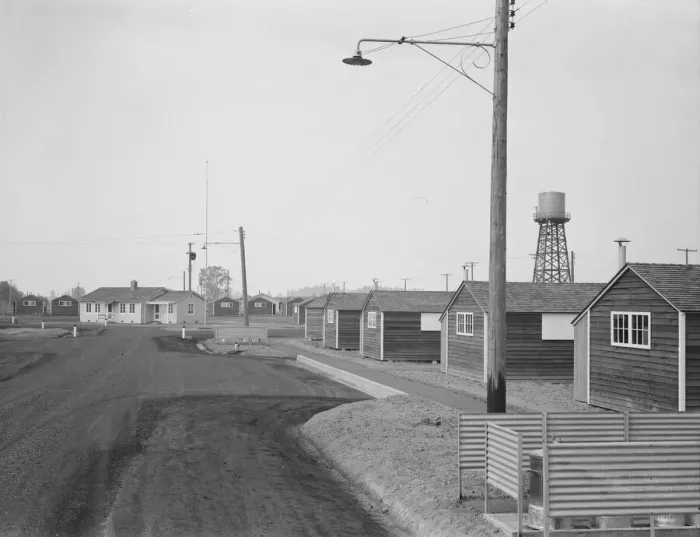 Framed Print : Looking down one street in newly completed FSA camp, near McMinnville, Yamhill County, Oregon, 1939. Creator: Dorothea Lange Framed Print : Looking down one street in newly completed FSA camp, near McMinnville, Yamhill County, Oregon, 1939. Creator: Dorothea Lange