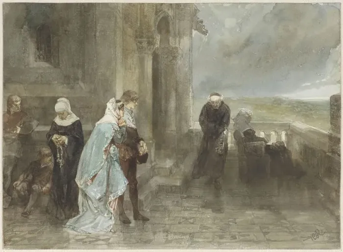 Framed Print : On the lookout, scene from the 12th century, 1880. Creator: Charles Rochussen Framed Print : On the lookout, scene from the 12th century, 1880. Creator: Charles Rochussen
