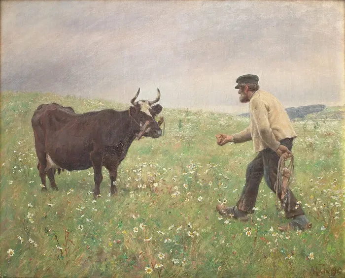 Framed Print : A loose cow, 1890. Creator: Hans Michael Therkildsen Framed Print : A loose cow, 1890. Creator: Hans Michael Therkildsen