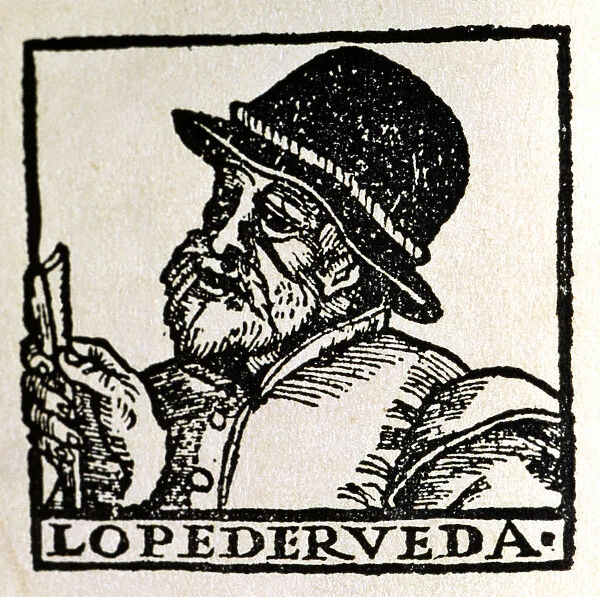 Lope de Rueda (1500-1565, Spanish playwright, 1567 engraving, on the cover of the