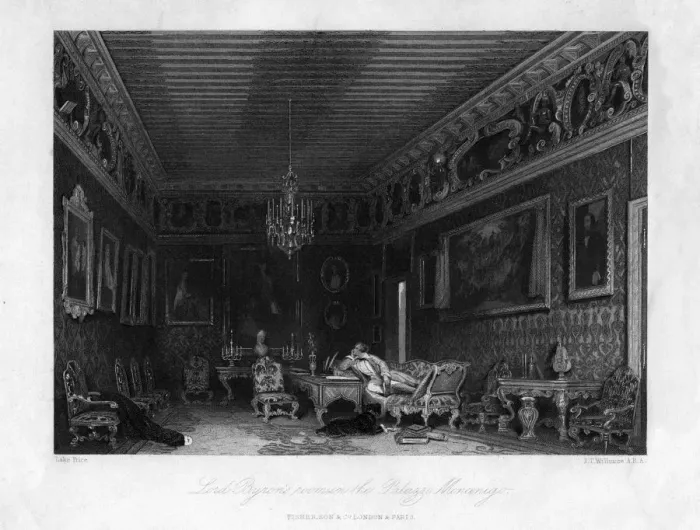 Framed Print : Lord Byrons room in the Palazzo Moncenigo, Venice, Italy, 19th century. Artist: James Tibbitts Willmore Framed Print : Lord Byrons room in the Palazzo Moncenigo, Venice, Italy, 19th century. Artist: James Tibbitts Willmore