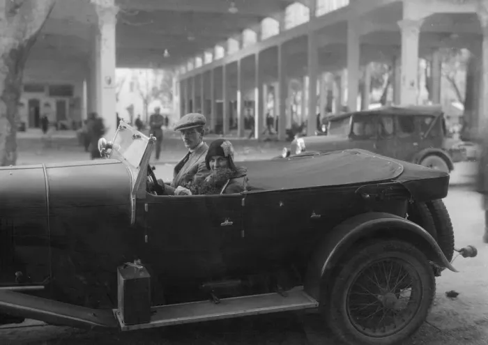 Framed Print : Lord de Clifford and Kitty Brunell in a Lagonda, San Remo, Italy, c1930(?). Artist: Bill Brunell Framed Print : Lord de Clifford and Kitty Brunell in a Lagonda, San Remo, Italy, c1930(?). Artist: Bill Brunell