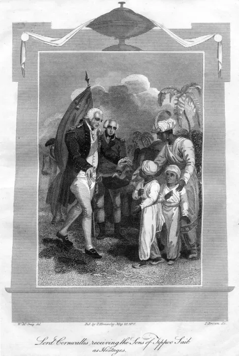 Framed Print : Lord Cornwallis (1738-1805) receiving the sons of Tippoo Saib as hostages, 1816. Artist: I Brown Framed Print : Lord Cornwallis (1738-1805) receiving the sons of Tippoo Saib as hostages, 1816. Artist: I Brown