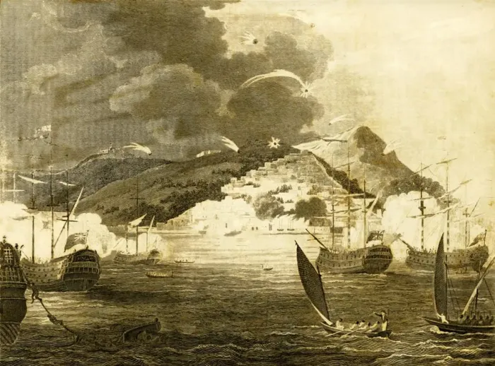 Framed Print : Lord Exmouths Fleet bombarding the City of Algiers, 1816. Creator: Unknown
