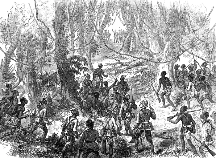 Framed Print : Lord Gifford and...scouts on the Adansi Hills warned by an Ashantee priest not to go forward, 1874. Creator: Unknown Framed Print : Lord Gifford and...scouts on the Adansi Hills warned by an Ashantee priest not to go forward, 1874. Creator: Unknown