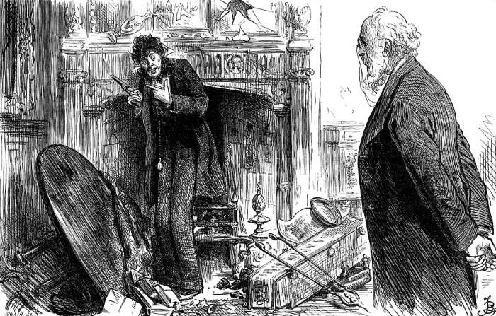 Framed Print : My Lord was jabbering over a pistol when the Doctor arrived... 1880. Creator: Joseph Swain Framed Print : My Lord was jabbering over a pistol when the Doctor arrived... 1880. Creator: Joseph Swain