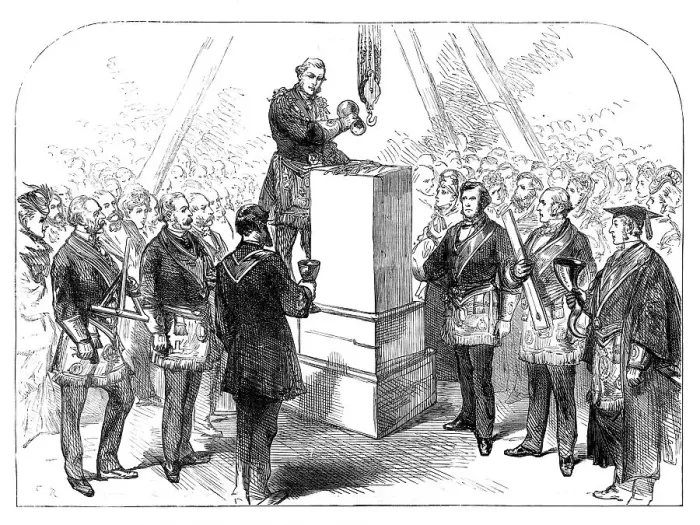 Framed Print : Lord Leigh laying the foundation-stone for the extension of the Queen's Hospital at Birmingham, 1871 Creator: Unknown Framed Print : Lord Leigh laying the foundation-stone for the extension of the Queen's Hospital at Birmingham, 1871 Creator: Unknown