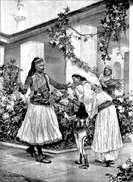 Framed Print : Her Lord and Master: a scene in a north Albanian house, 1895. Creator: George Meisenbach Framed Print : Her Lord and Master: a scene in a north Albanian house, 1895. Creator: George Meisenbach