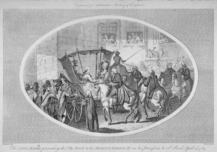 Framed Print : The Lord Mayor presenting the City Sword to King George III at Temple Bar, London, 1789 (1791) Framed Print : The Lord Mayor presenting the City Sword to King George III at Temple Bar, London, 1789 (1791)