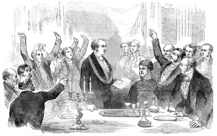 Framed Print : The Lord Mayor reading the News of the Victory on the Alma at the Sheriff's Inauguration... 1854. Creator: Unknown Framed Print : The Lord Mayor reading the News of the Victory on the Alma at the Sheriff's Inauguration... 1854. Creator: Unknown