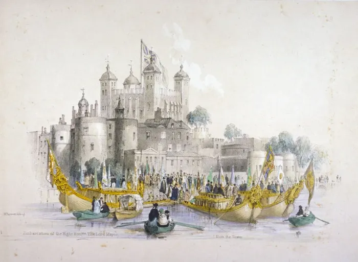 Framed Print : Lord Mayor Thomas Johnson and his entourage embarking from the Tower of London, 1840 Framed Print : Lord Mayor Thomas Johnson and his entourage embarking from the Tower of London, 1840