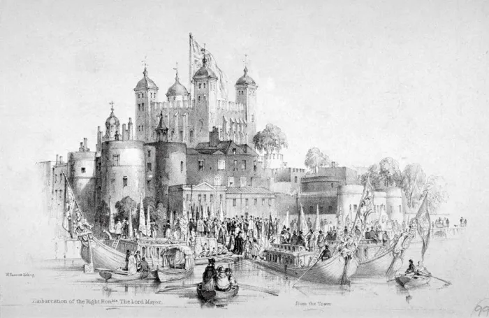 Framed Print : Lord Mayor Thomas Johnson and his entourage embarking from the Tower of London, 1840 Framed Print : Lord Mayor Thomas Johnson and his entourage embarking from the Tower of London, 1840