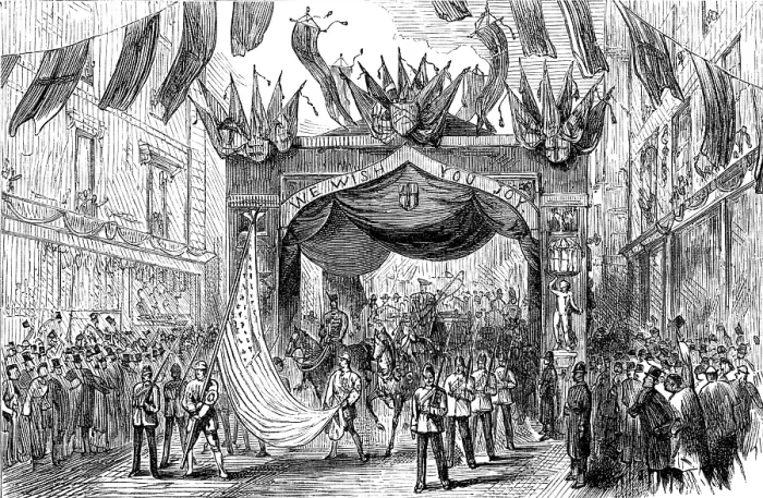 Framed Print : The Lord Mayor's Procession: Arch in Broad-Street - the American flag, 1881. Creator: Unknown. The Lord Mayor's Procession: Arch in Broad-Street - the American flag, 1881 Framed Print : The Lord Mayor's Procession: Arch in Broad-Street - the American flag, 1881. Creator: Unknown. The Lord Mayor's Procession: Arch in Broad-Street - the American flag, 1881