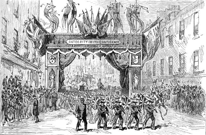 Framed Print : The Lord Mayor's Procession: Arch in London Wall - boys of the Warspite training-ship, 1881 Framed Print : The Lord Mayor's Procession: Arch in London Wall - boys of the Warspite training-ship, 1881