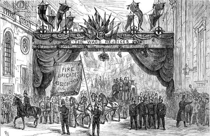 Framed Print : The Lord Mayor's Procession: the Fire Brigade passing the Arch in Lothbury, 1881 Framed Print : The Lord Mayor's Procession: the Fire Brigade passing the Arch in Lothbury, 1881
