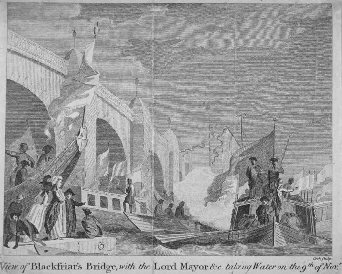 Framed Print : Lord Mayors procession passing under Blackfriars Bridge, London, 1770 Framed Print : Lord Mayors procession passing under Blackfriars Bridge, London, 1770