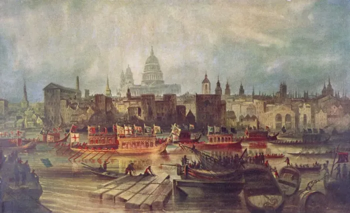 Framed Print : The Lord Mayors procession by water to Westminster, London, c1820 Framed Print : The Lord Mayors procession by water to Westminster, London, c1820