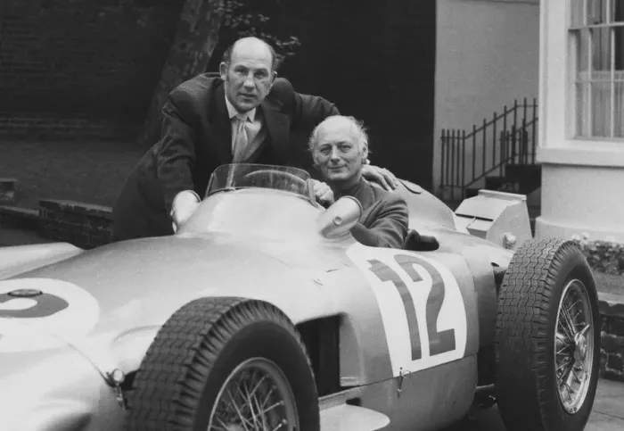 Framed Print : Lord Montagu in Mercedes W196 with Stirling Moss, early 1970 s. Creator: Unknown Framed Print : Lord Montagu in Mercedes W196 with Stirling Moss, early 1970 s. Creator: Unknown