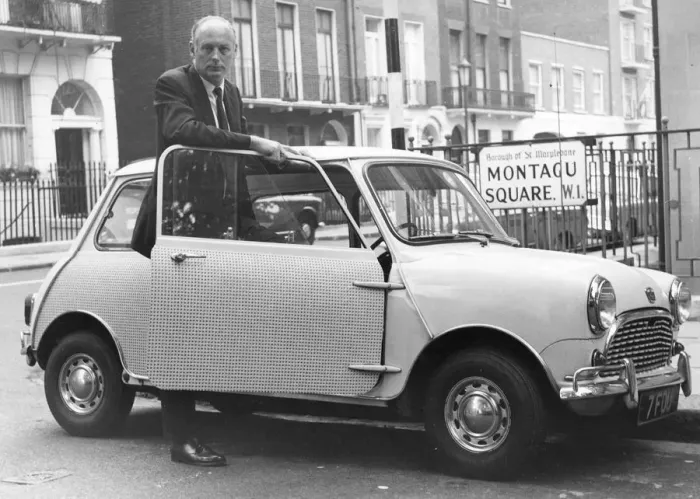 Framed Print : Lord Montagu with Mini in London, mid 1960 s. Creator: Unknown Framed Print : Lord Montagu with Mini in London, mid 1960 s. Creator: Unknown