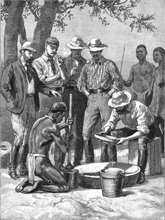 Framed Print : Lord Randolph Churchill in South Africa; watchg the experts panning out samples, 1891. Creator: Major Giles Framed Print : Lord Randolph Churchill in South Africa; watchg the experts panning out samples, 1891. Creator: Major Giles