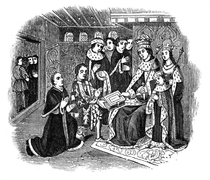 Framed Print : Lord Rivers and Caxton before Edward IV, 15th century, (1910) Framed Print : Lord Rivers and Caxton before Edward IV, 15th century, (1910)