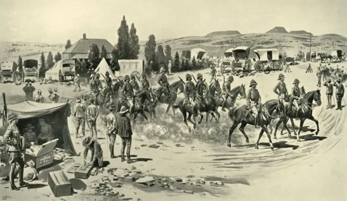 Framed Print : Lord Roberts and Staff Starting for a Reconnaissance from Headquarters at Smaldeel, (1901) Framed Print : Lord Roberts and Staff Starting for a Reconnaissance from Headquarters at Smaldeel, (1901)