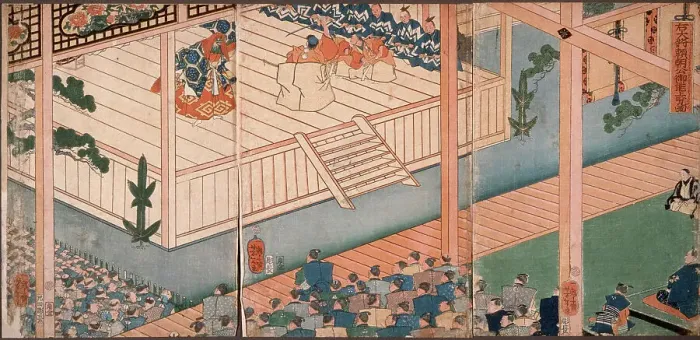Framed Print : Lord Yoritomoku Watches a Noh Performance, 19th century. Creator: Tsukioka Yoshitoshi Framed Print : Lord Yoritomoku Watches a Noh Performance, 19th century. Creator: Tsukioka Yoshitoshi