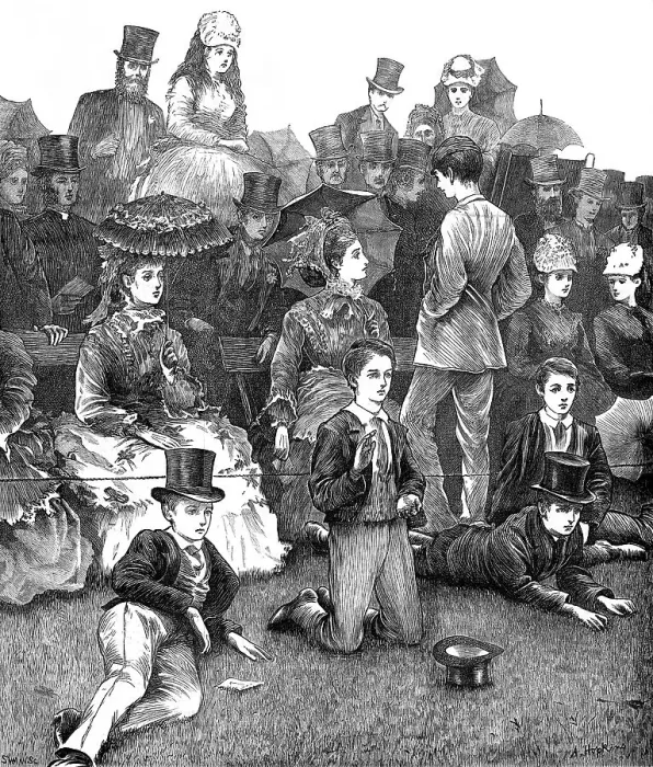 Framed Print : At Lord's Cricket-Ground: the Eton and Harrow match, 1872. Creator: Joseph Swain Framed Print : At Lord's Cricket-Ground: the Eton and Harrow match, 1872. Creator: Joseph Swain