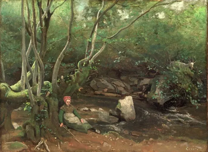 Framed Print : Lormes: Goat-Girl Sitting Beside a Stream in a Forest, 1842. Creator: Jean Baptiste Camille Corot Framed Print : Lormes: Goat-Girl Sitting Beside a Stream in a Forest, 1842. Creator: Jean Baptiste Camille Corot