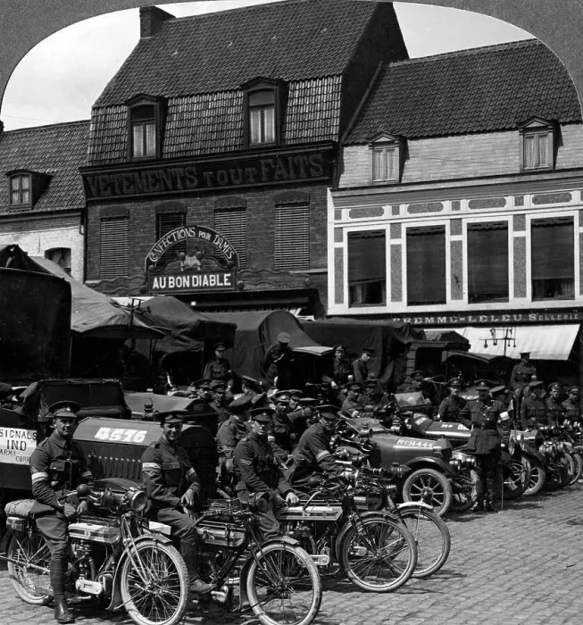 Framed Print : Lorries and motorcycles of the Indian Army Corps, Merville, France, World War I, 1914-1918. Artist: Realistic Travels Publishers Framed Print : Lorries and motorcycles of the Indian Army Corps, Merville, France, World War I, 1914-1918. Artist: Realistic Travels Publishers