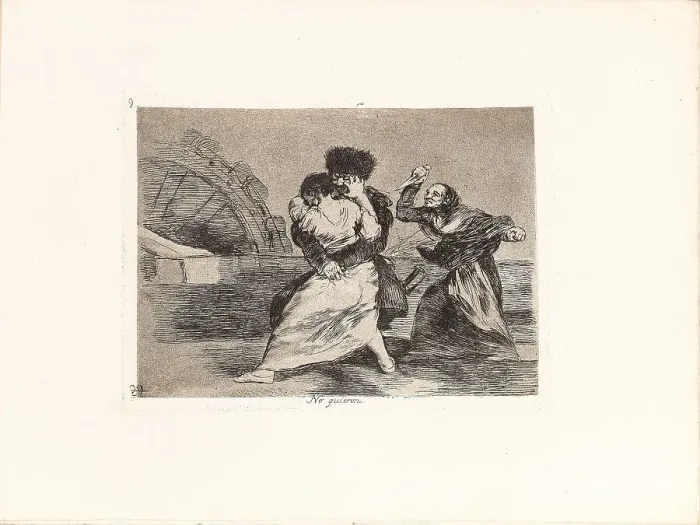 Framed Print : Los Desastres de la Guerra (The Disasters of War), Plate 9: No quieren (They do not want to), 1810s. Creator: Goya, Francisco, de (1746-1828) Framed Print : Los Desastres de la Guerra (The Disasters of War), Plate 9: No quieren (They do not want to), 1810s. Creator: Goya, Francisco, de (1746-1828)