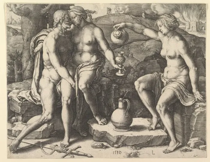 Framed Print : Lot and His Daughters, 1530. Creator: Lucas van Leyden Framed Print : Lot and His Daughters, 1530. Creator: Lucas van Leyden