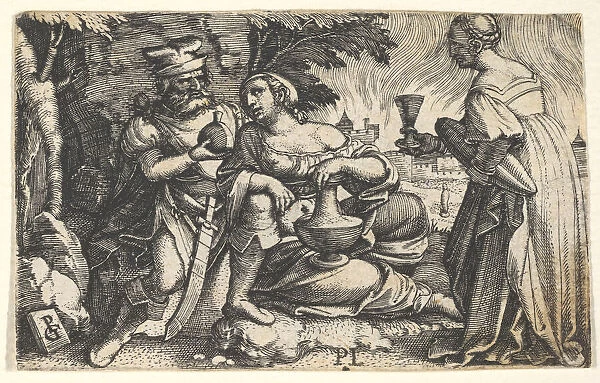 Lot and his daughters: a daughter at center rests her right arm on Lots knee and a ve