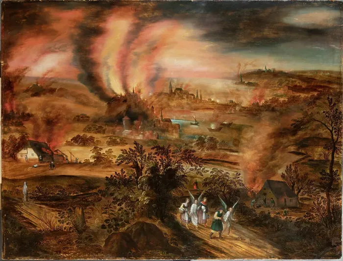 Framed Print : Lot and his daughters fleeing Sodom and Gomorrah, Early 17th century. Creator: Momper, Joos de, the Younger (1564-1635) Framed Print : Lot and his daughters fleeing Sodom and Gomorrah, Early 17th century. Creator: Momper, Joos de, the Younger (1564-1635)