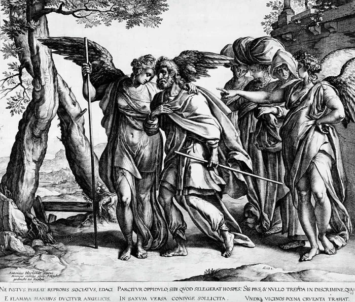 Framed Print : Lot and His Daughters Leaving Sodom, 1582. Creator: Hendrik Goltzius
