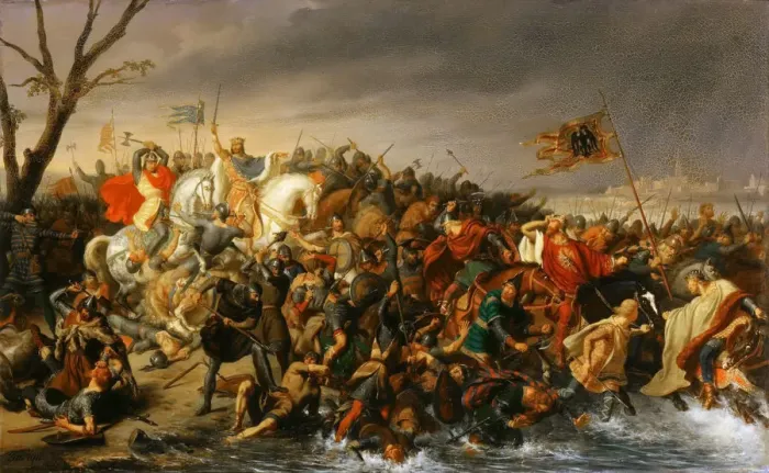 Framed Print : Lothair of France defeats Emperor Otto II on the banks of the Aisne, October 978. Artist: Durupt, Charles-Barthelemy-Jean (1804-1838) Framed Print : Lothair of France defeats Emperor Otto II on the banks of the Aisne, October 978. Artist: Durupt, Charles-Barthelemy-Jean (1804-1838)