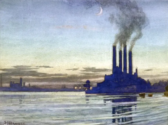 Framed Print : Lots Road Power Station - Evening, 20th century. Artist Framed Print : Lots Road Power Station - Evening, 20th century. Artist