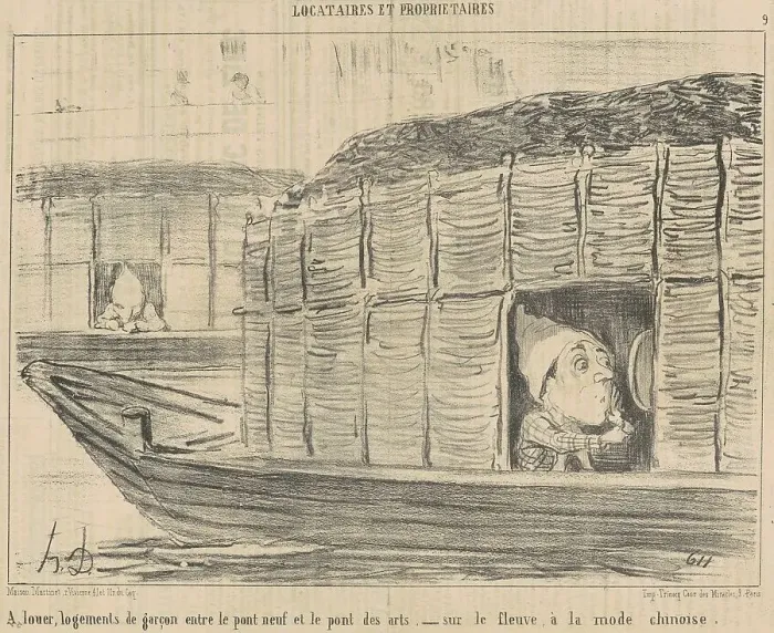 Framed Print : A louer, logements de garçon entre le... 19th century. Creator: Honore Daumier