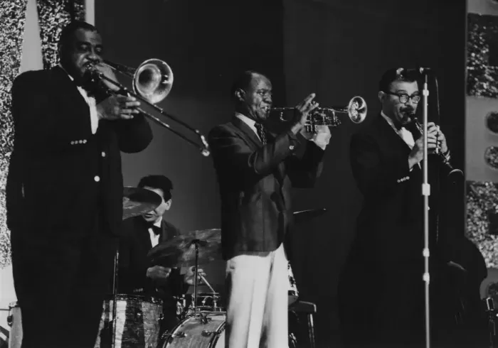 Framed Print : Louis Armstrong and All Stars on stage, Hammersmith Odeon, London, 1968. Creator: Brian Foskett Framed Print : Louis Armstrong and All Stars on stage, Hammersmith Odeon, London, 1968. Creator: Brian Foskett